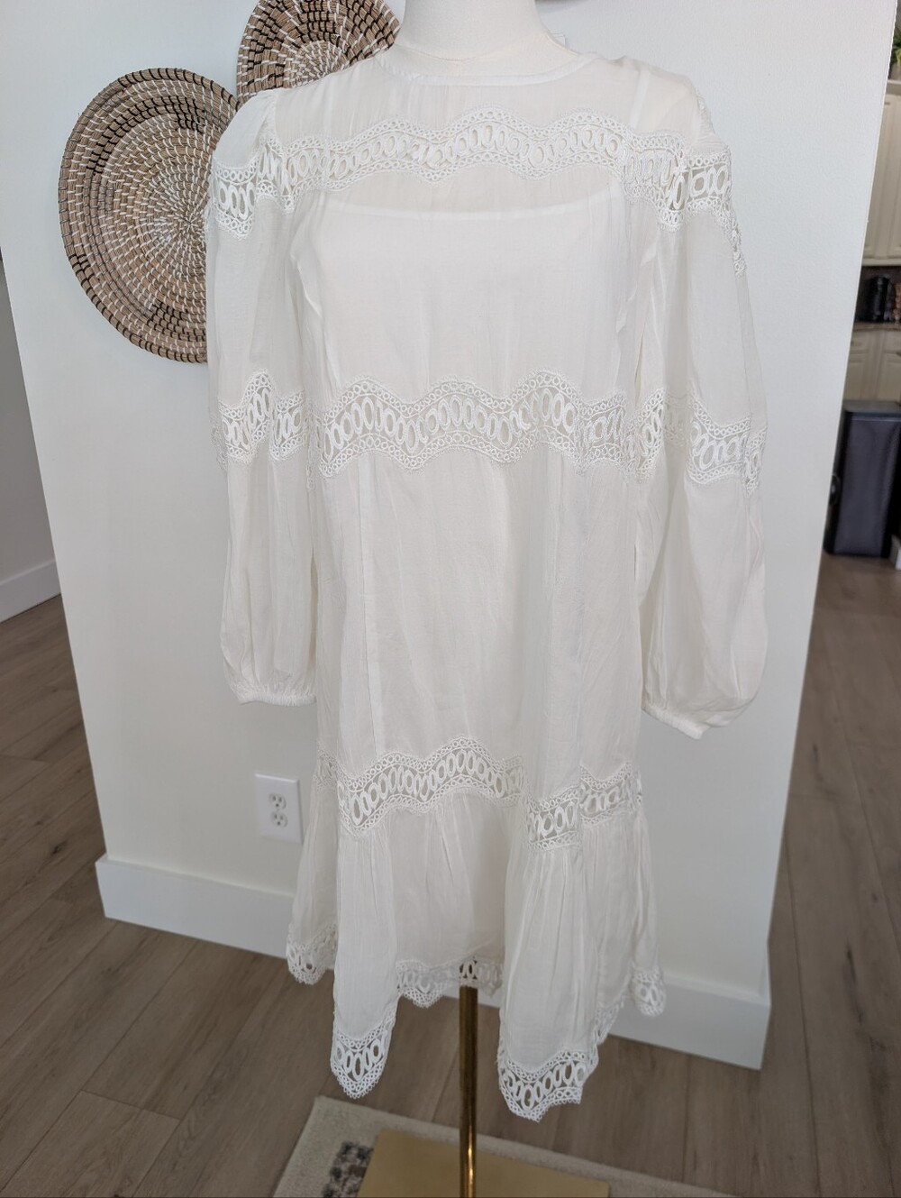 RAHI Sanibel White Crochet Lace Trim Popover Tunic Dress Small NWT